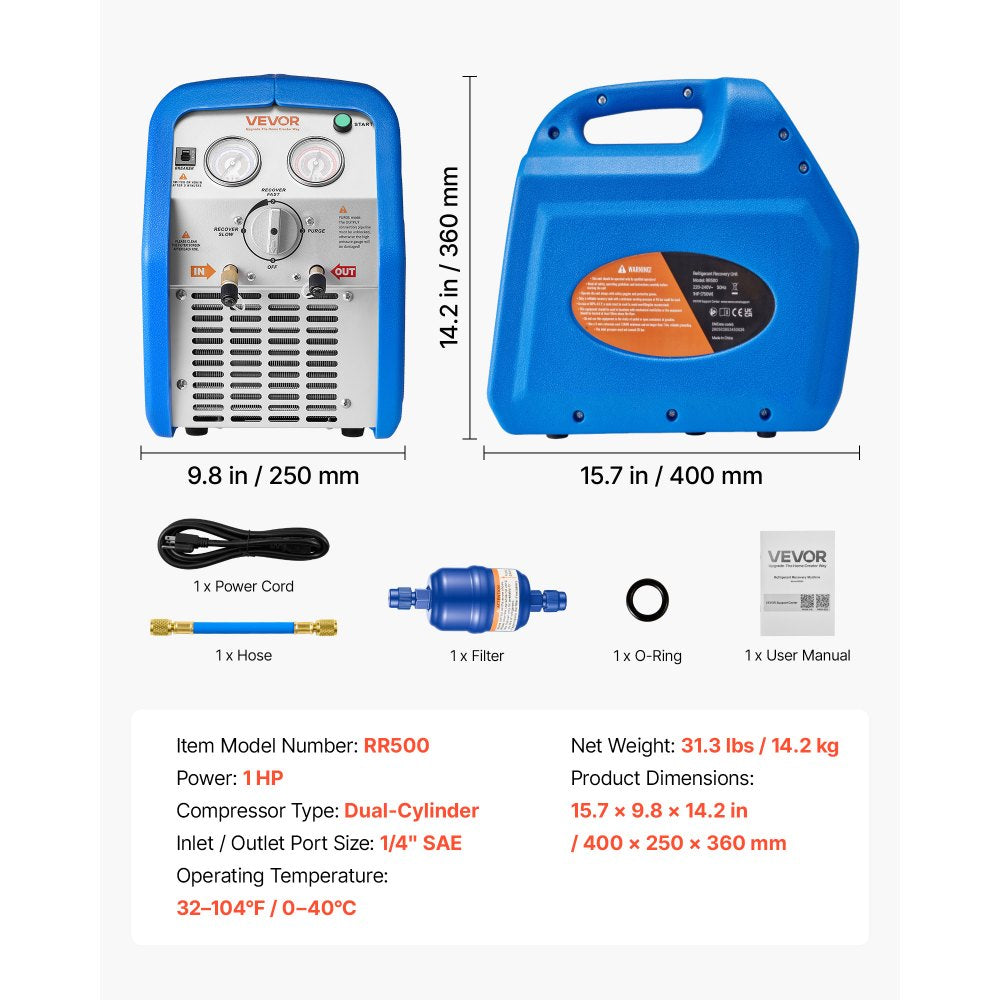Vevor Refrigerant Recovery Machine Portable 1 HP Dual-Cylinder AC Recovery Unit New
