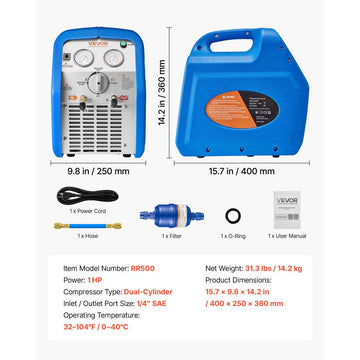 Vevor Refrigerant Recovery Machine Portable 1 HP Dual-Cylinder AC Recovery Unit New