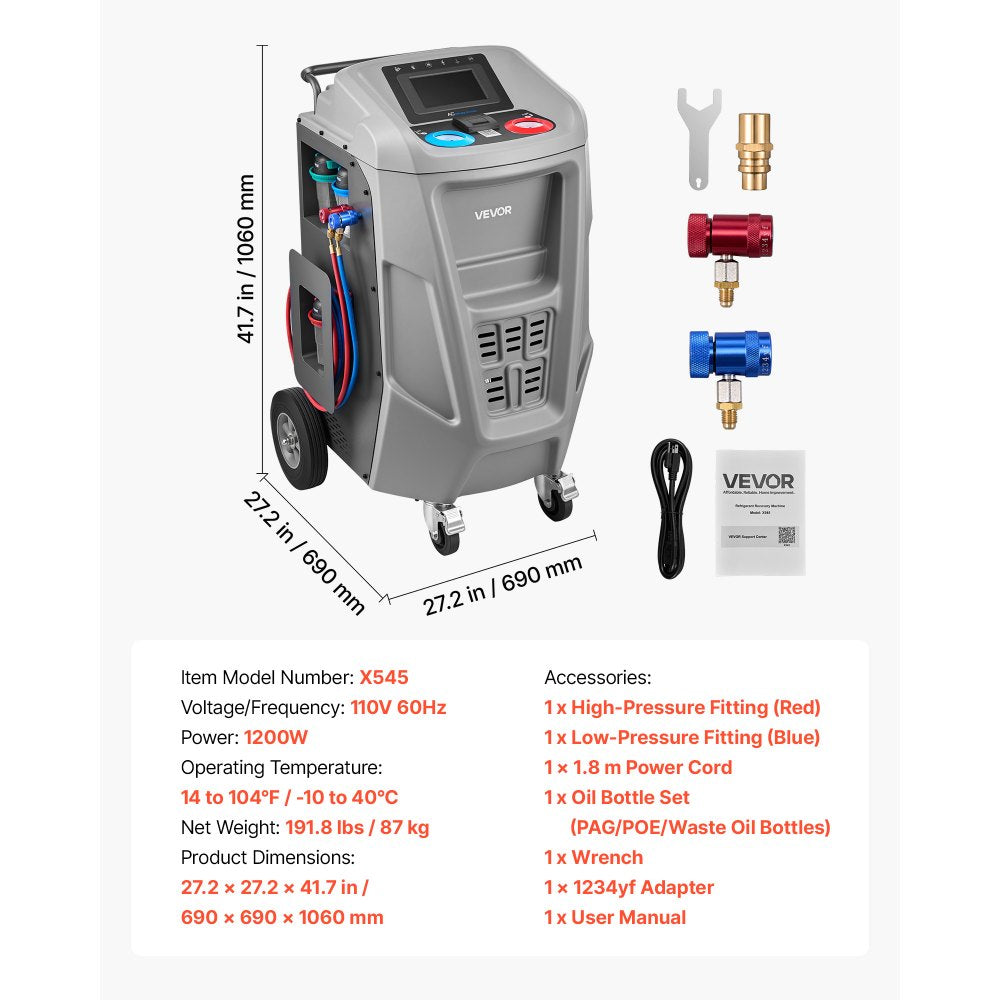 Vevor Refrigerant Recovery Machine Fully Automatic 1234yf 7" Touch Screen New