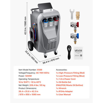 Vevor Refrigerant Recovery Machine Fully Automatic R134a Automotive A/C Service Unit New