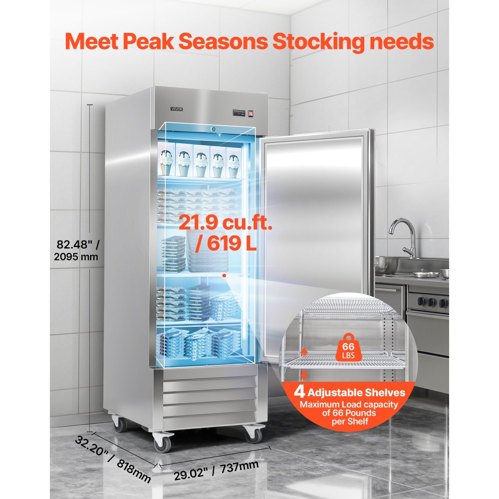 Vevor Upright Freezer Commercial Reach-In 29" 21.9 Cu. Ft. Stainless Steel Single Door New