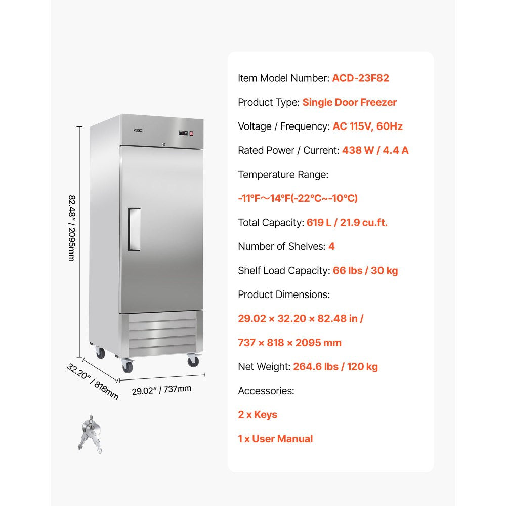 Vevor Upright Freezer Commercial Reach-In 29" 21.9 Cu. Ft. Stainless Steel Single Door New