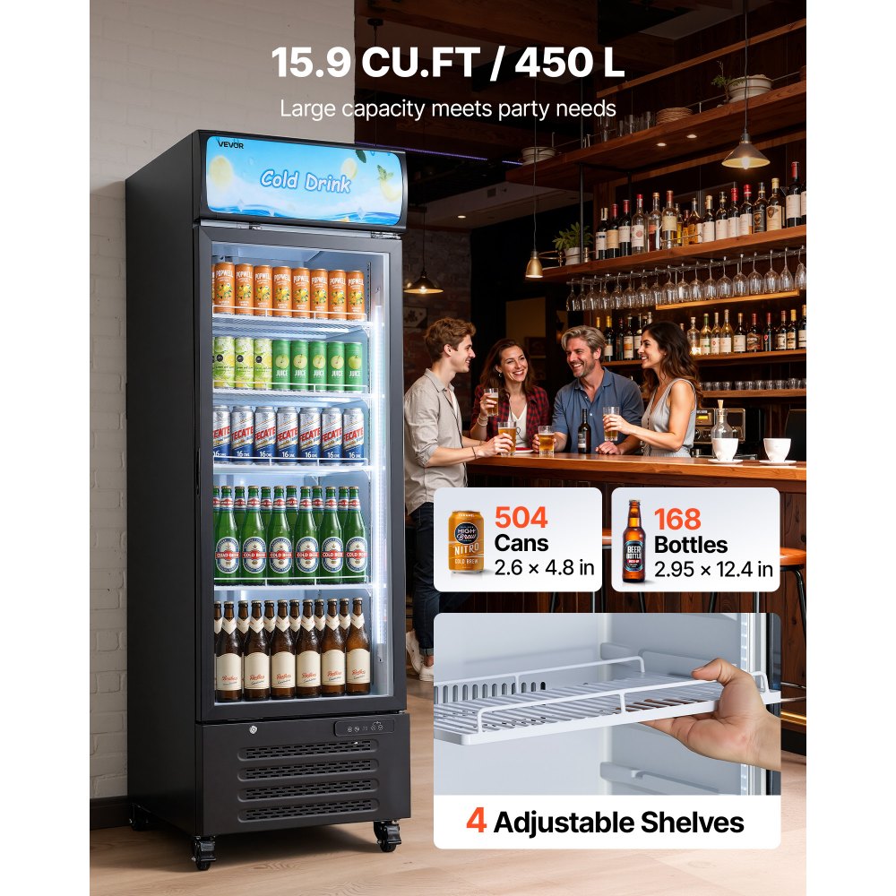 Vevor Commercial Merchandiser Refrigerator 15.9 Cu. Ft. Glass Door Beverage Cooler with Customizable Lightbox New