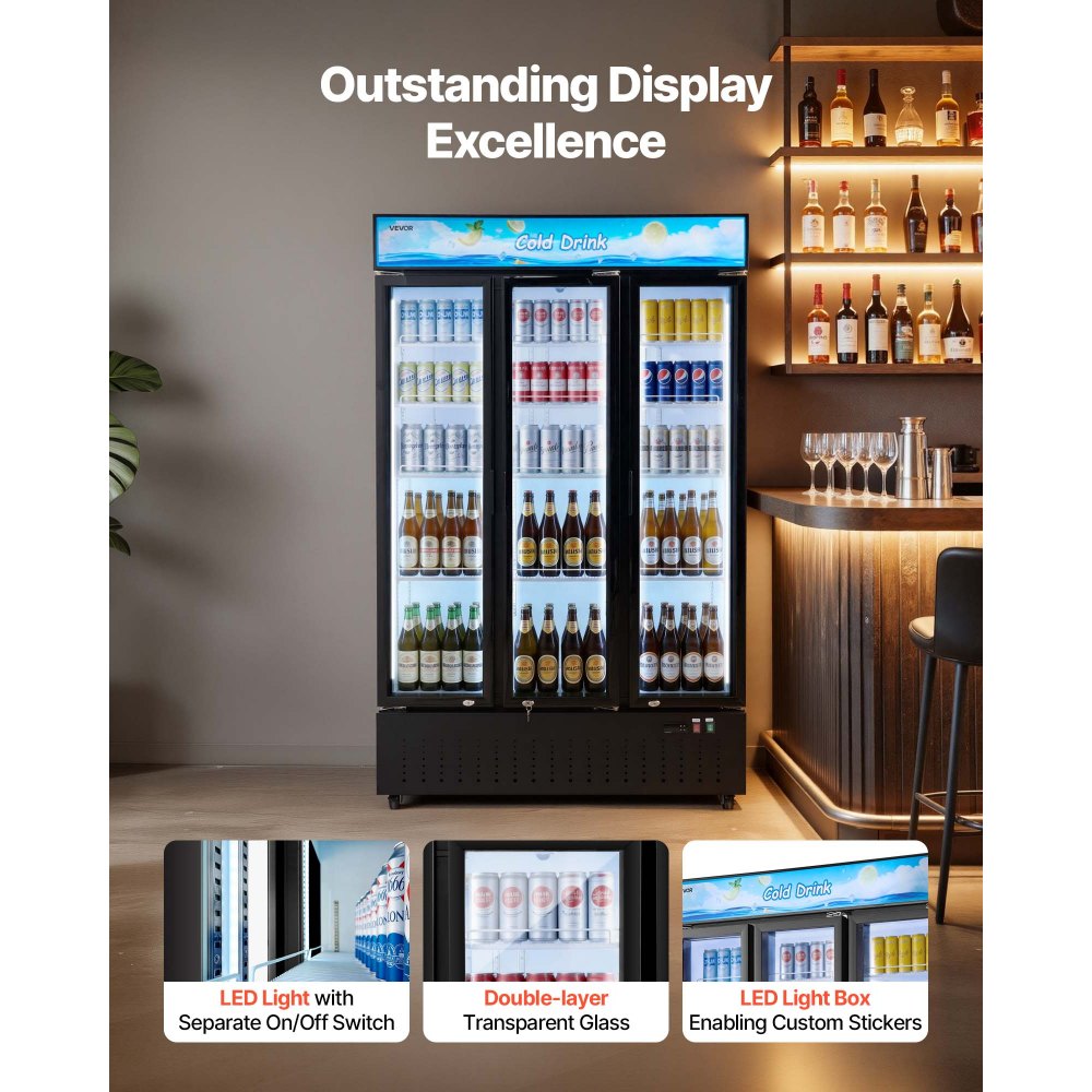 Vevor Merchandiser Refrigerator 26.8 Cu. Ft. 3-Door Upright Beverage Cooler Display Refrigerator New