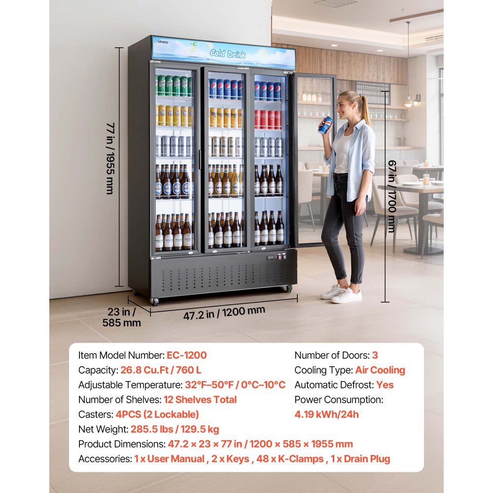 Vevor Merchandiser Refrigerator 26.8 Cu. Ft. 3-Door Upright Beverage Cooler Display Refrigerator New