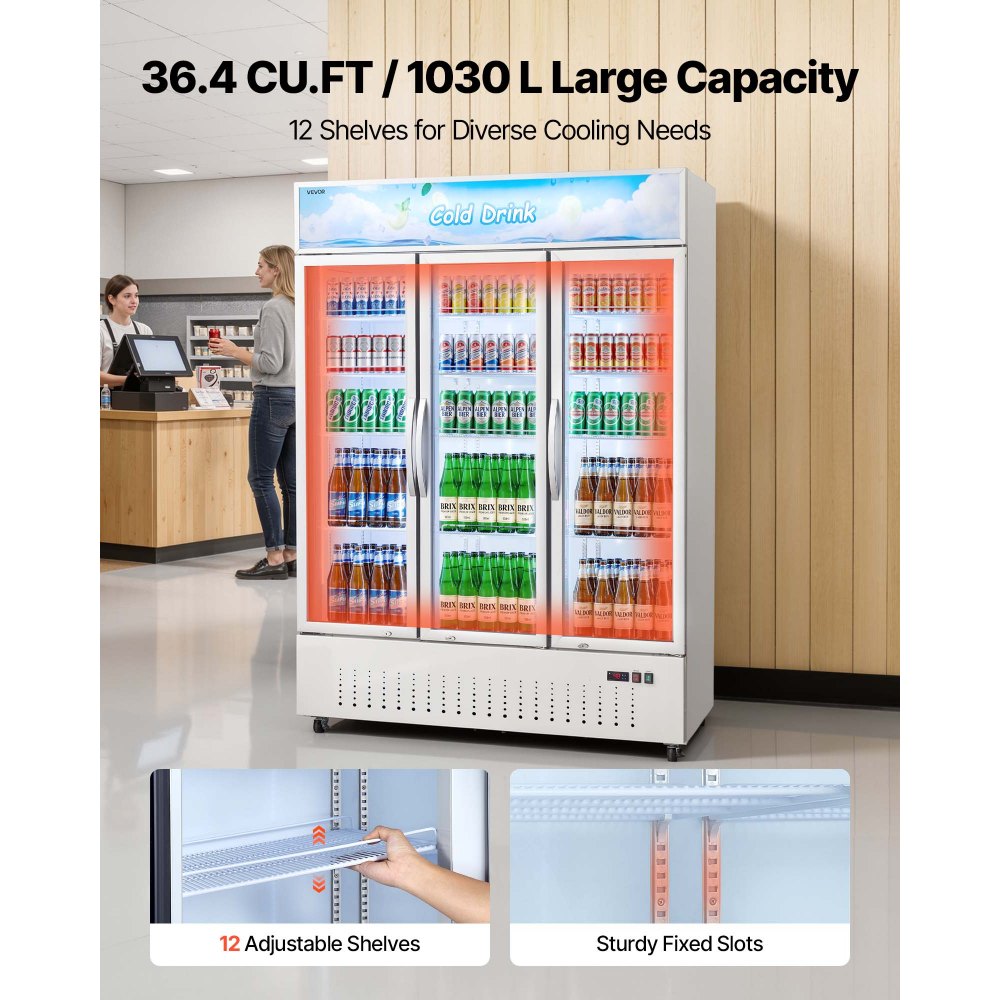 Vevor Commercial Merchandiser Refrigerator 36.4 Cu. Ft. 3-Door Upright Beverage Cooler with Lightbox and LED Lighting New