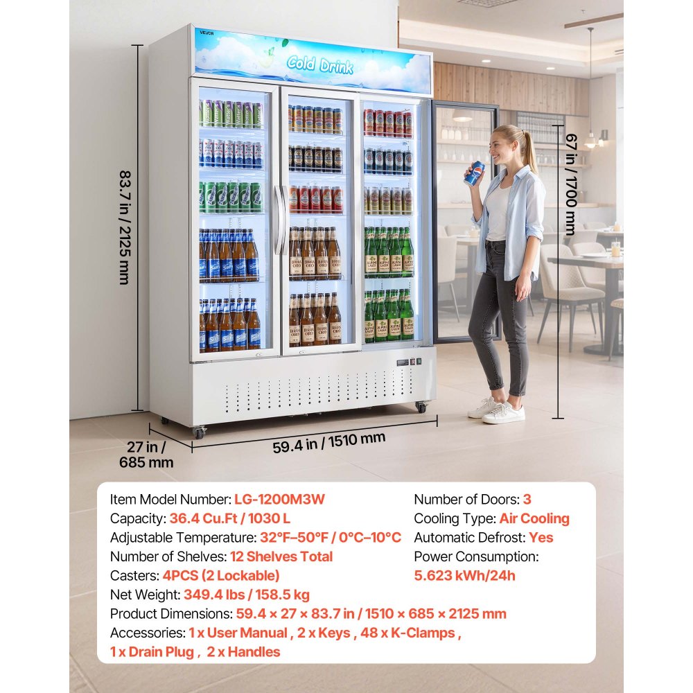 Vevor Commercial Merchandiser Refrigerator 36.4 Cu. Ft. 3-Door Upright Beverage Cooler with Lightbox and LED Lighting New