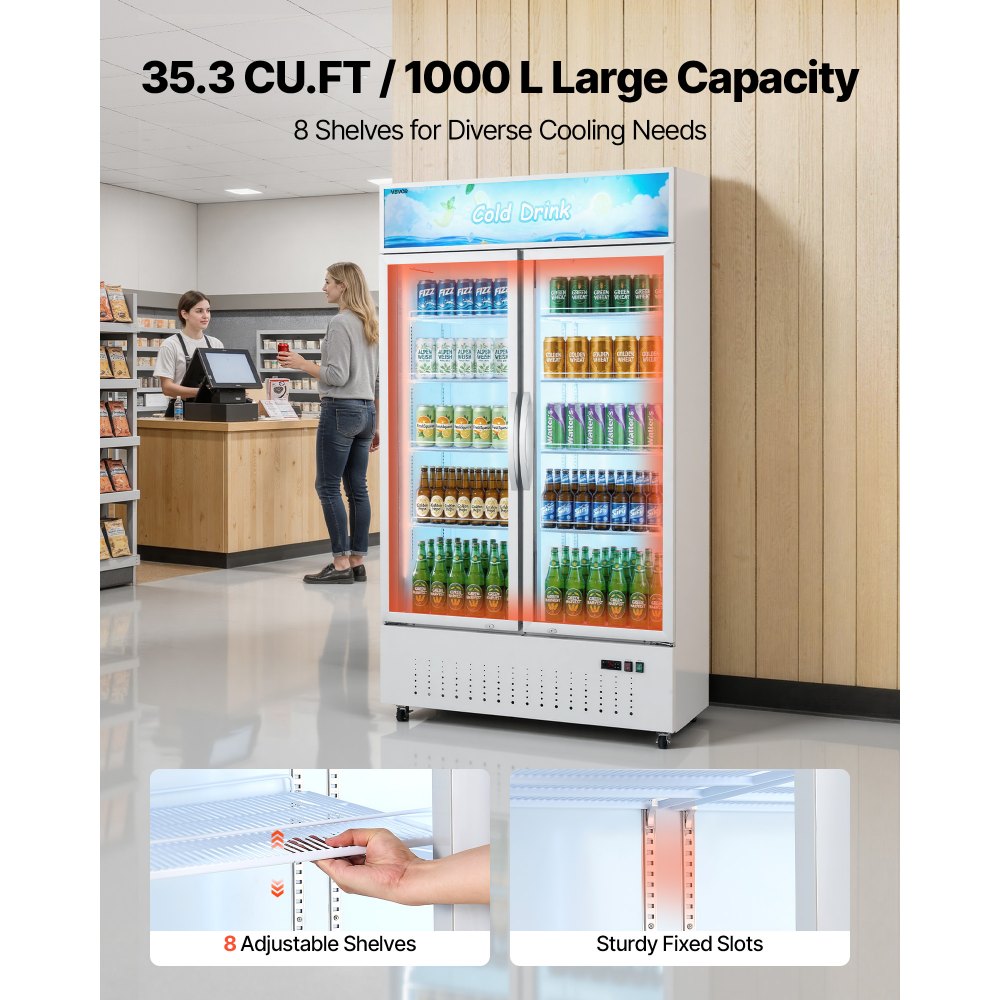 Vevor Merchandiser Refrigerator 35.3 Cu. Ft. Upright Beverage Cooler with 2 Glass Doors and Customizable Lightbox New