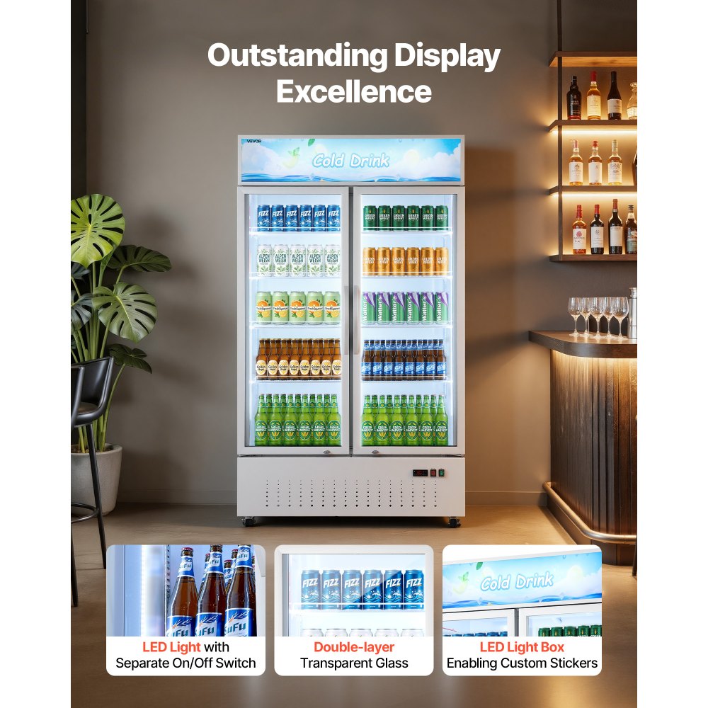 Vevor Merchandiser Refrigerator 35.3 Cu. Ft. Upright Beverage Cooler with 2 Glass Doors and Customizable Lightbox New