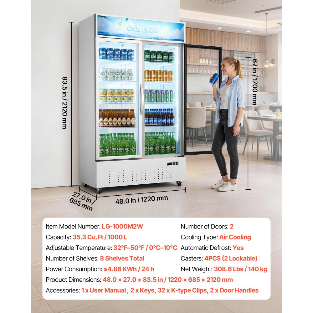 Vevor Merchandiser Refrigerator 35.3 Cu. Ft. Upright Beverage Cooler with 2 Glass Doors and Customizable Lightbox New