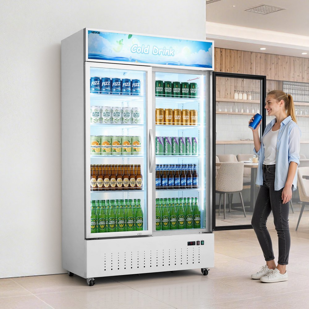 Vevor Merchandiser Refrigerator 35.3 Cu. Ft. Upright Beverage Cooler with 2 Glass Doors and Customizable Lightbox New
