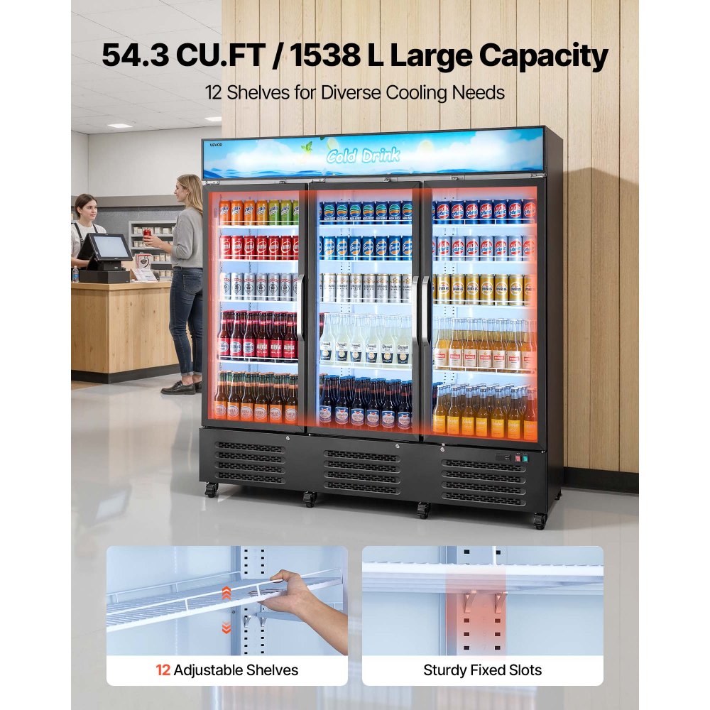 Vevor Merchandiser Refrigerator 54.3 Cu. Ft. 3-Door Upright Beverage Cooler with Customizable Lightbox New