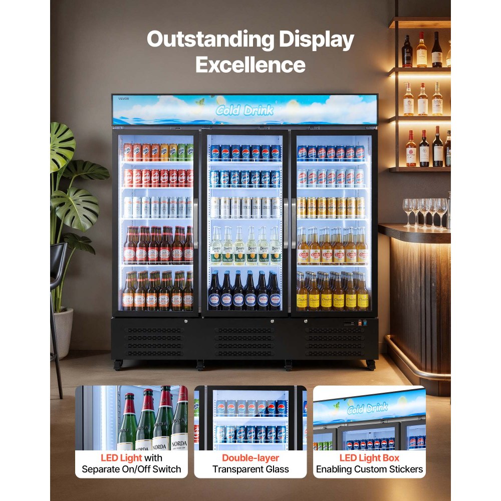 Vevor Merchandiser Refrigerator 54.3 Cu. Ft. 3-Door Upright Beverage Cooler with Customizable Lightbox New