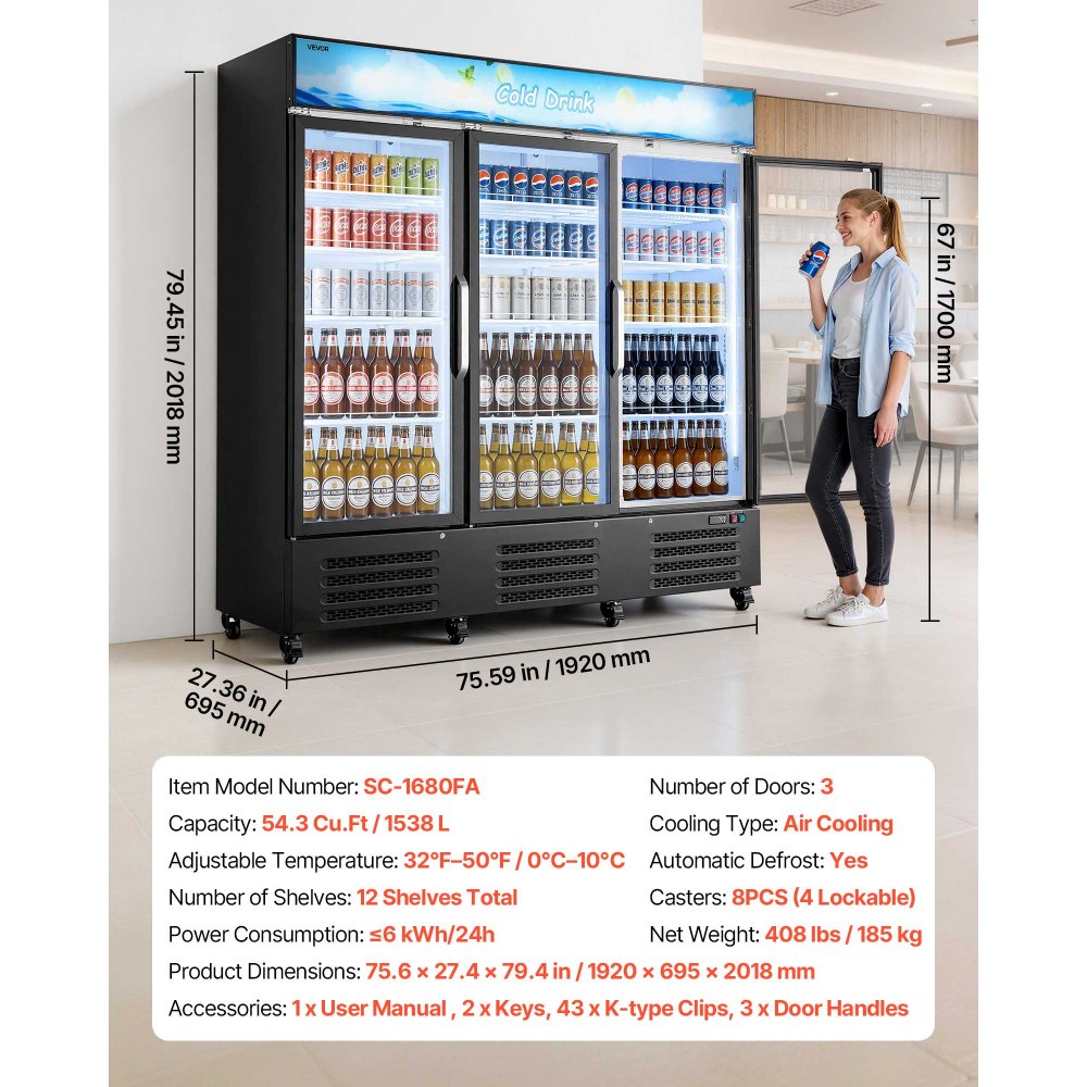 Vevor Merchandiser Refrigerator 54.3 Cu. Ft. 3-Door Upright Beverage Cooler with Customizable Lightbox New