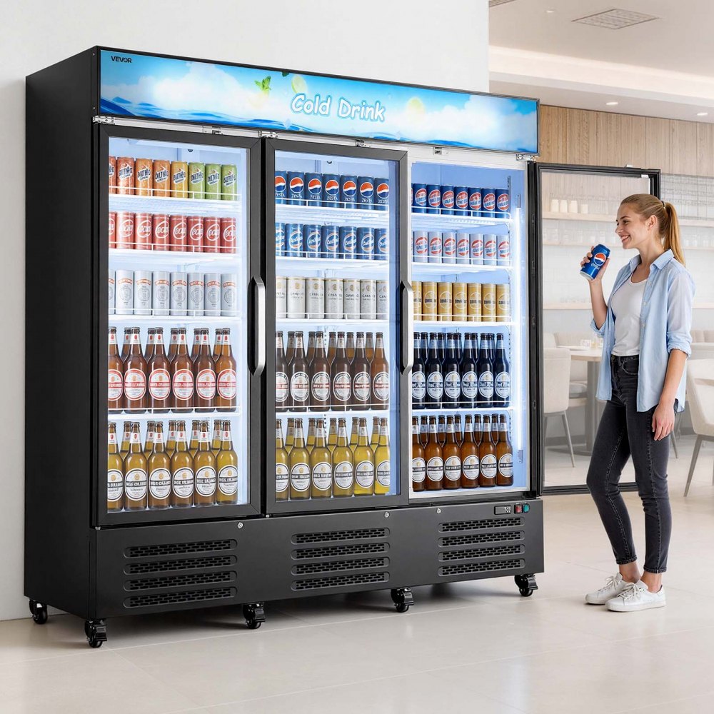 Vevor Merchandiser Refrigerator 54.3 Cu. Ft. 3-Door Upright Beverage Cooler with Customizable Lightbox New