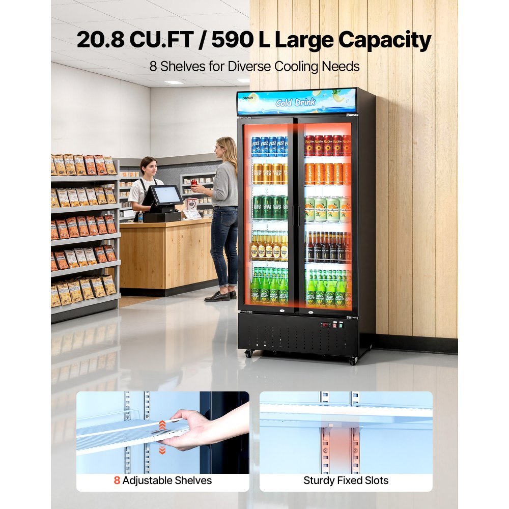 Vevor Commercial Merchandiser Refrigerator 20.8 cu. ft. 2-Door Upright Beverage Cooler with Customizable Lightbox New