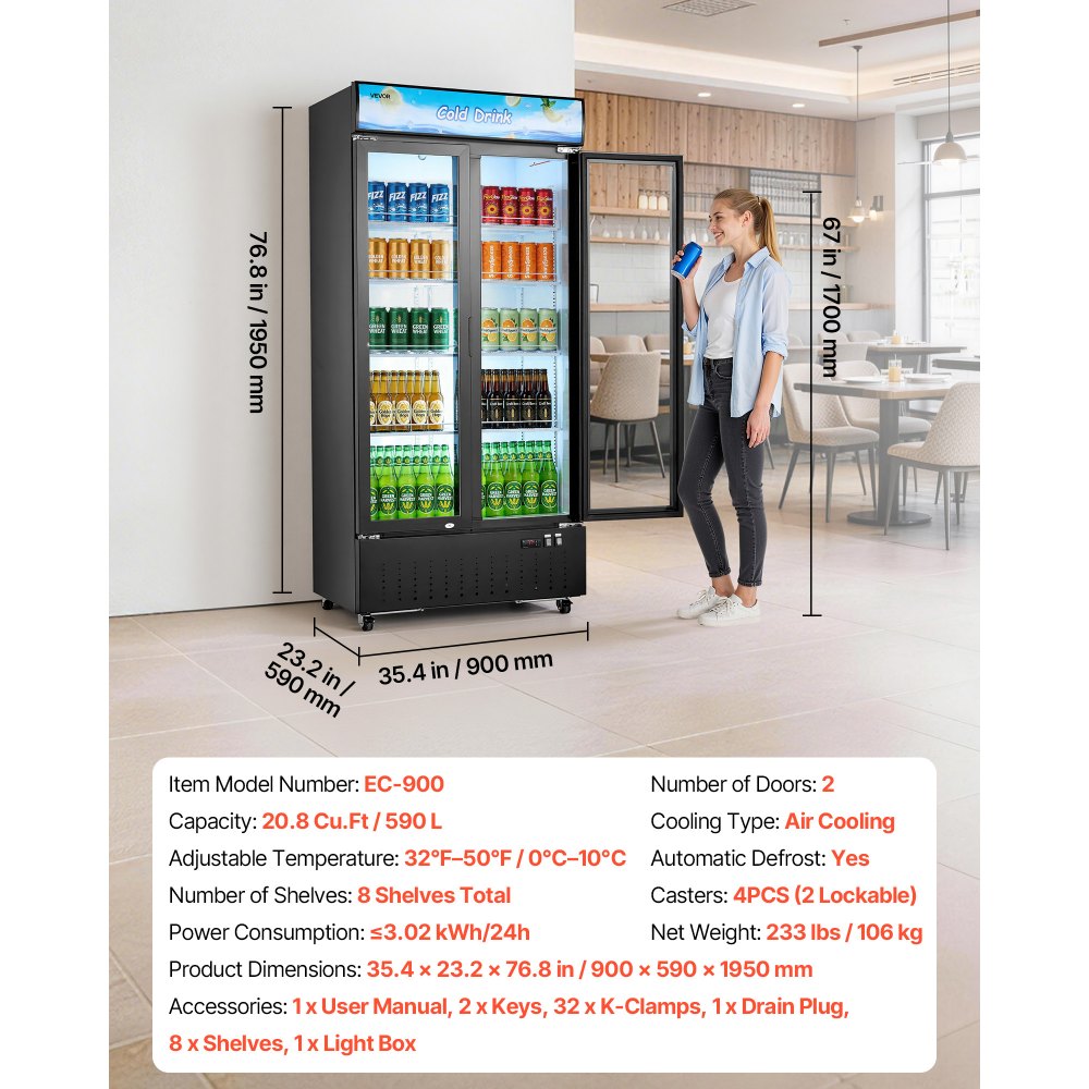Vevor Commercial Merchandiser Refrigerator 20.8 cu. ft. 2-Door Upright Beverage Cooler with Customizable Lightbox New