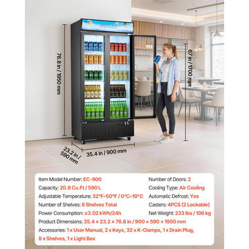 Vevor Commercial Merchandiser Refrigerator 20.8 cu. ft. 2-Door Upright Beverage Cooler with Customizable Lightbox New