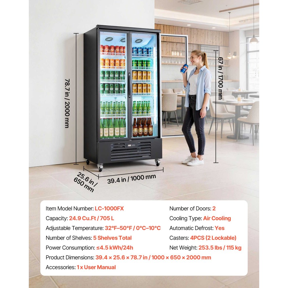 Vevor Beverage Refrigerator 24.9 Cu. Ft. 2-Door Commercial Merchandiser Cooler New