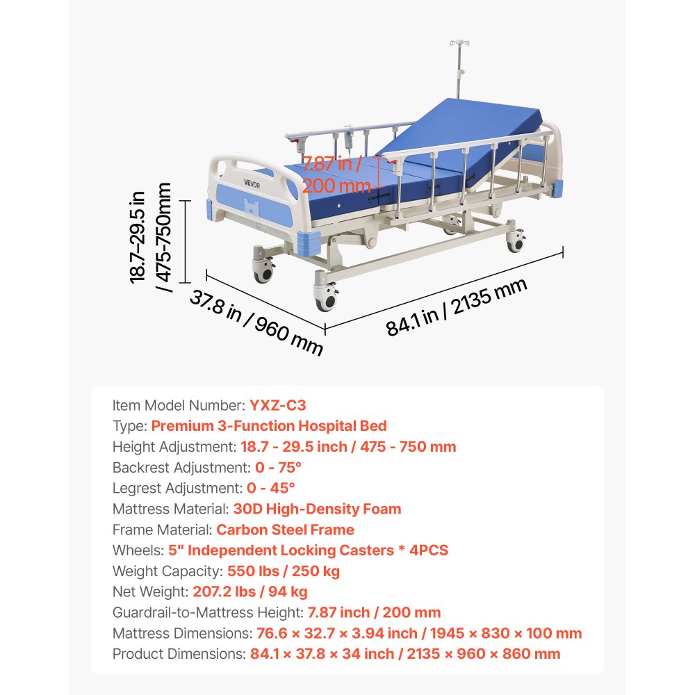 Vevor Hospital Bed Premium 3-Function Full Electric Medical Bed with Mattress 550 lbs New