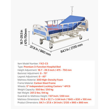Vevor Hospital Bed Premium 3-Function Full Electric Medical Bed with Mattress 550 lbs New