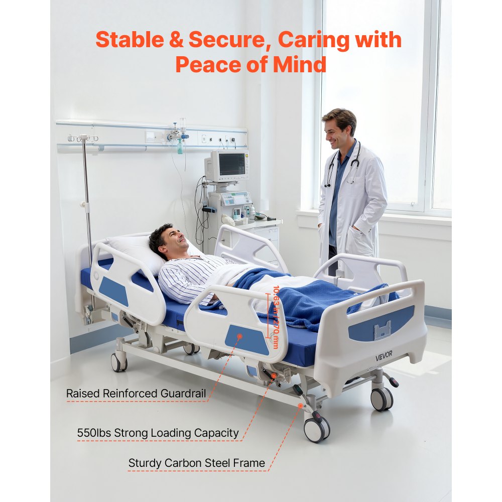 Vevor Hospital Bed Premium 5-Function Full Electric ICU Medical Bed with Trendelenburg, Reverse Trendelenburg & 5" Casters New