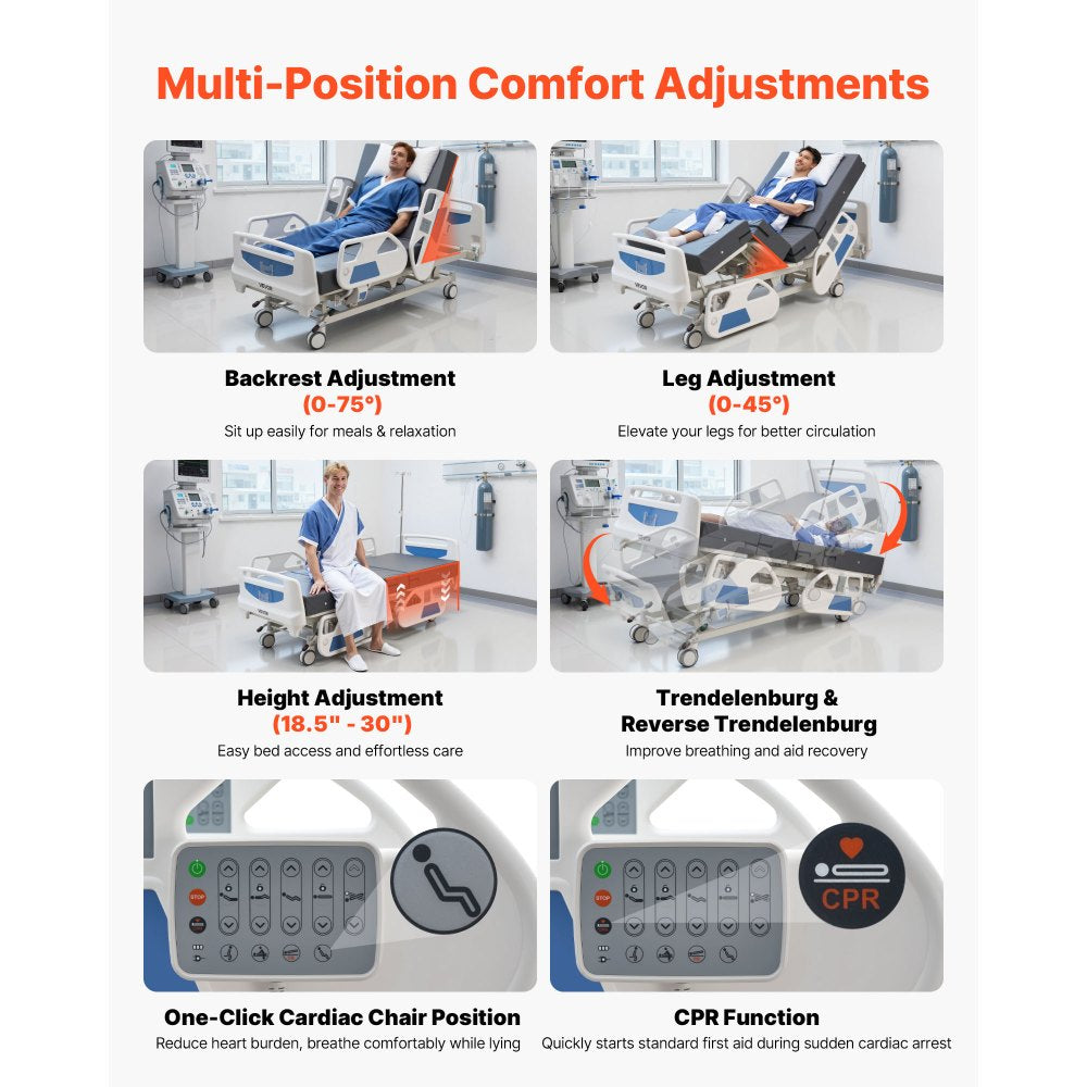 Vevor Hospital Bed Premium 5-Function Full Electric ICU Medical Bed with Cardiac Chair, CPR, Trendelenburg & Reverse Trendelenburg New