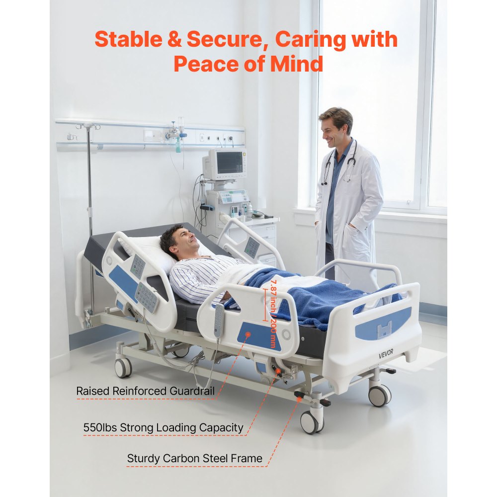 Vevor Hospital Bed Premium 5-Function Full Electric ICU Medical Bed with Cardiac Chair, CPR, Trendelenburg & Reverse Trendelenburg New