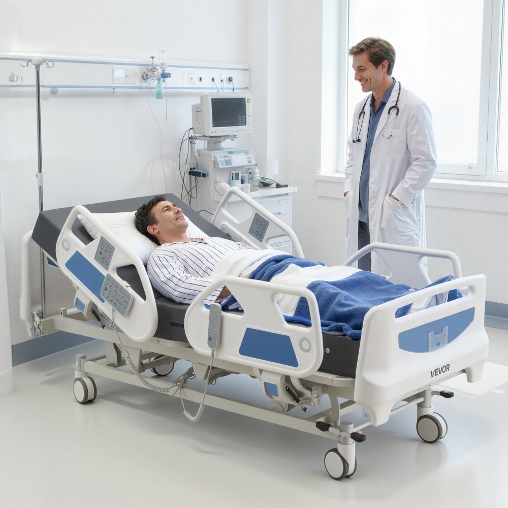 Vevor Hospital Bed Premium 5-Function Full Electric ICU Medical Bed with Cardiac Chair, CPR, Trendelenburg & Reverse Trendelenburg New