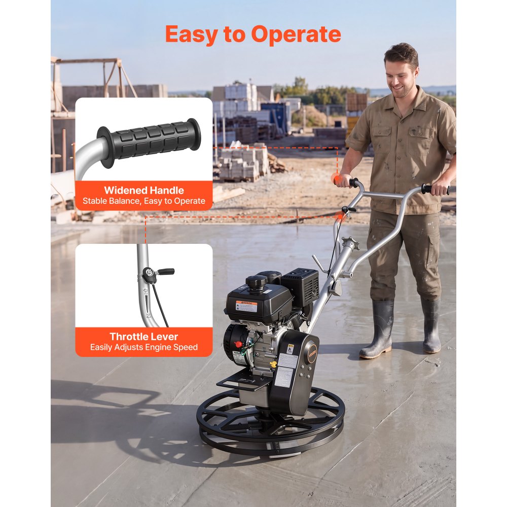 Vevor Power Trowel 24" Concrete Finishing Machine with Float Pan, 7 HP Kohler Engine, 4 Blades, Adjustable Pitch, Gas-Powered Walk-Behind New