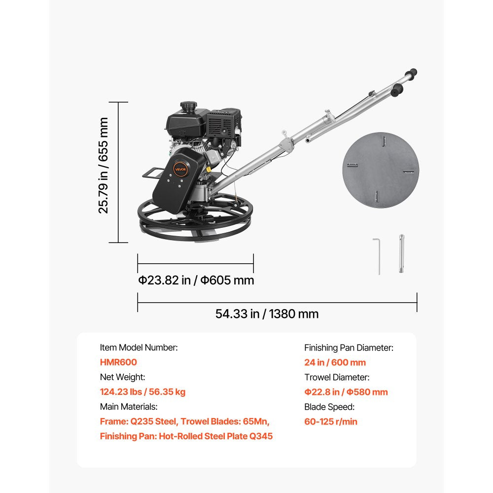 Vevor Power Trowel 24" Concrete Finishing Machine with Float Pan, 7 HP Kohler Engine, 4 Blades, Adjustable Pitch, Gas-Powered Walk-Behind New