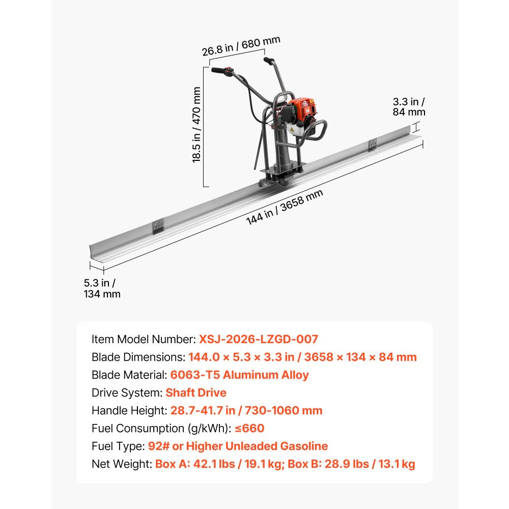 Vevor Concrete Power Screed Gas-Powered Leveling Tool 12' Aluminum Board 1.16HP 4-Stroke New