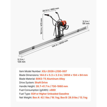 Vevor Concrete Power Screed Gas-Powered Leveling Tool 12' Aluminum Board 1.16HP 4-Stroke New