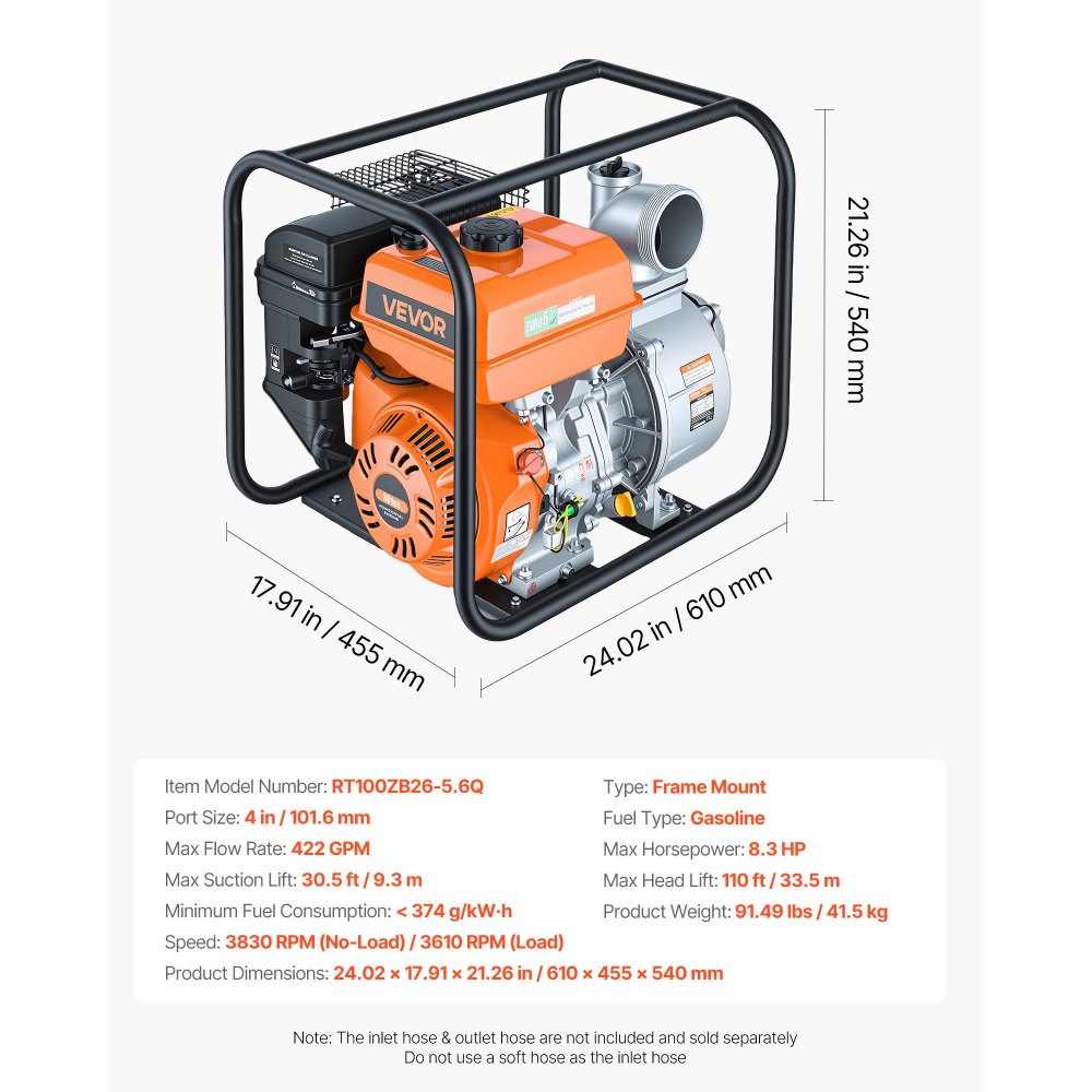 Vevor Water Pump 4" 422 GPM 8.3HP Semi Trash Gas Powered Transfer Pump New