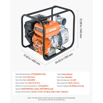 Vevor Water Pump 4" 422 GPM 8.3HP Semi Trash Gas Powered Transfer Pump New