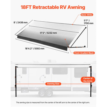 Vevor RV Awning Manual Retractable Complete Kit 18.12' Gradient Black New