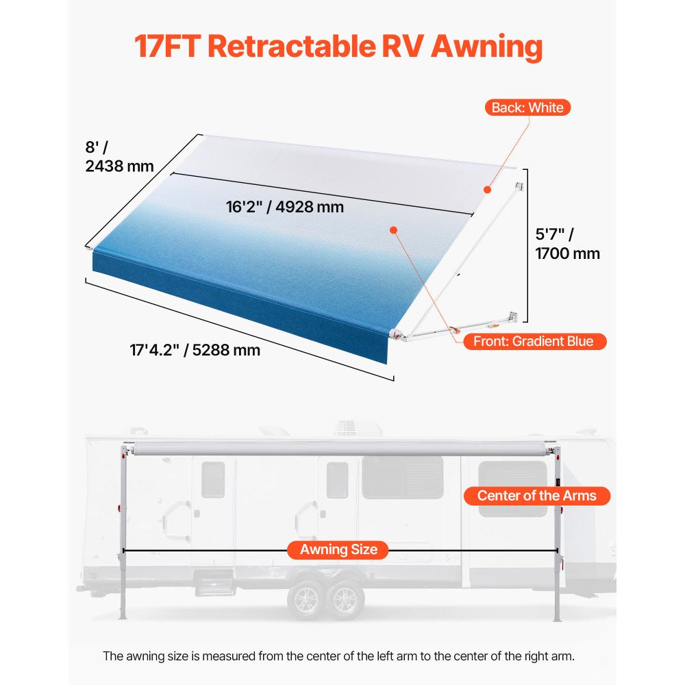 Vevor RV Awning Manual Retractable Complete Kit 17.12' Gradient Blue New