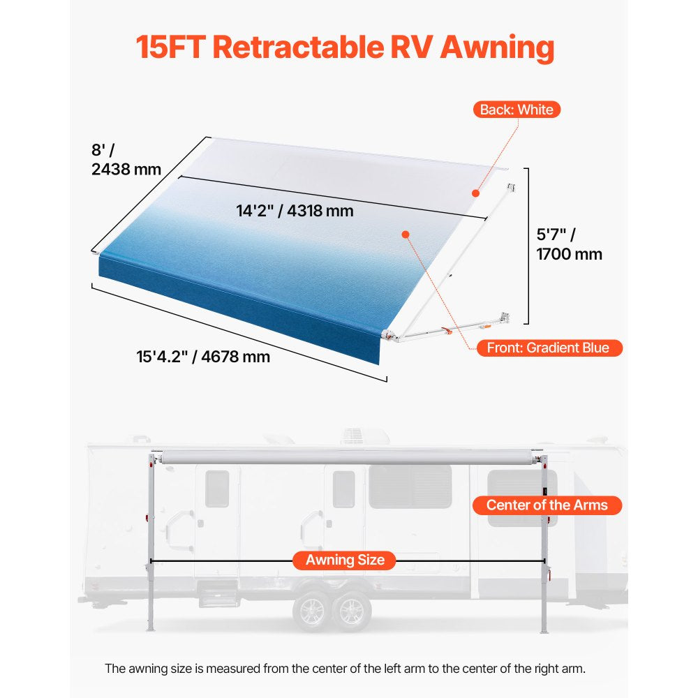 Vevor RV Awning Manual Retractable 15.12' Gradient Blue Complete Kit New