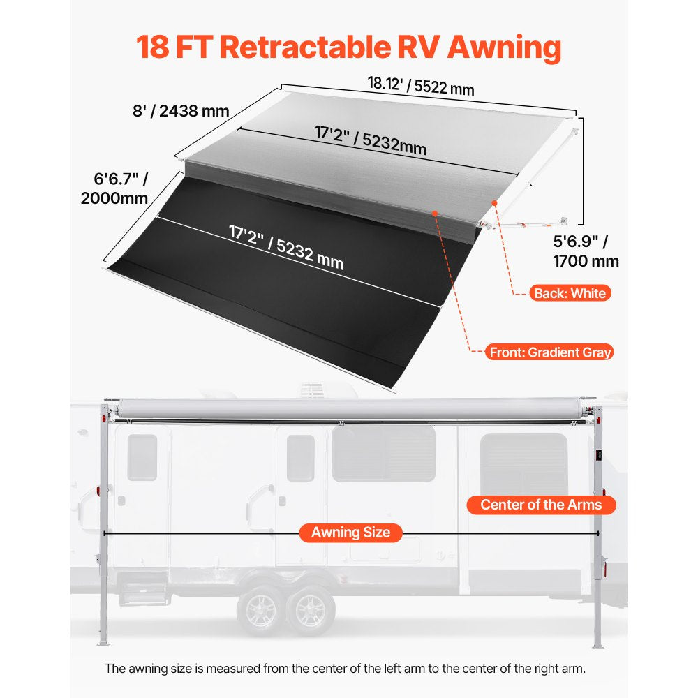 Vevor RV Awning Manual Retractable Complete Kit with Sunshade Screen 18.12' Gradient Gray New