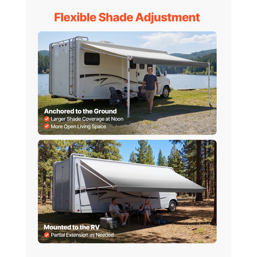 Vevor RV Awning Manual Retractable Complete Kit with Sunshade Screen 18.12' Gradient Gray New
