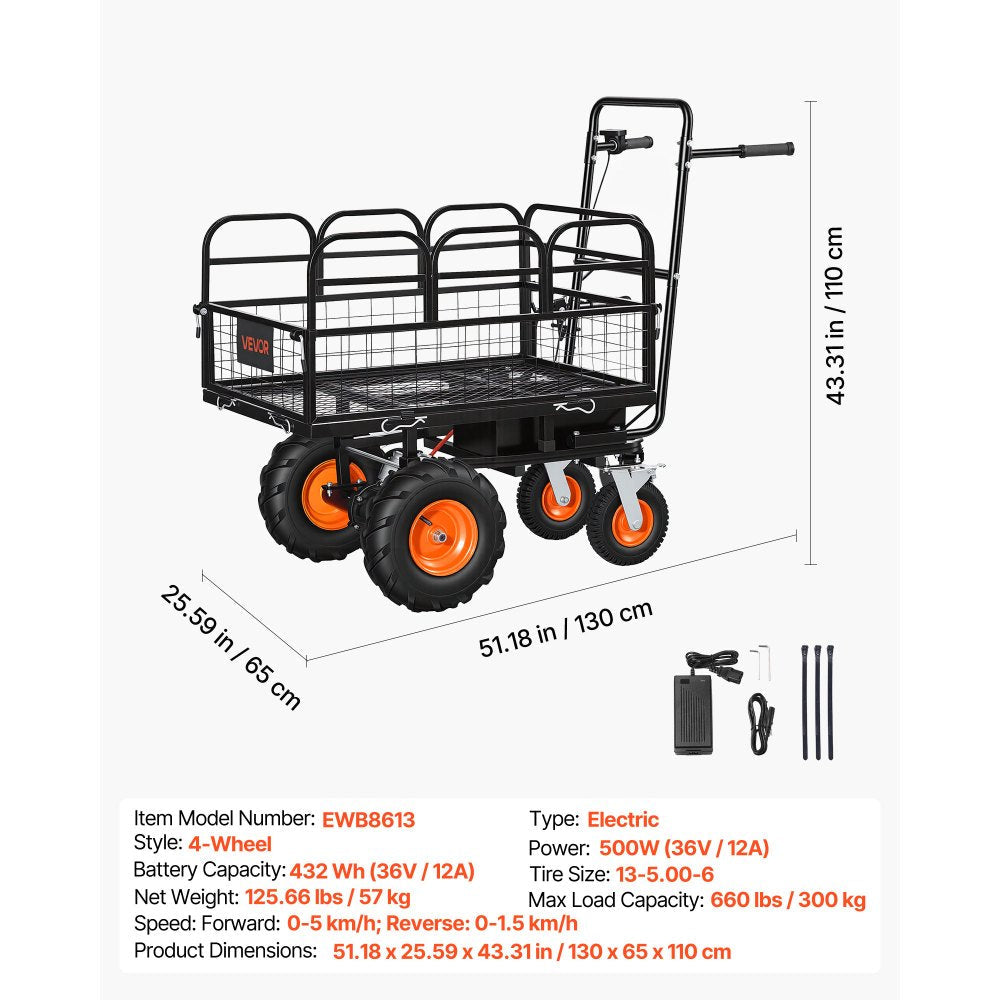 Vevor Utility Cart Electric 500W Battery-Powered Garden Wagon 660 lbs 4-Wheel New