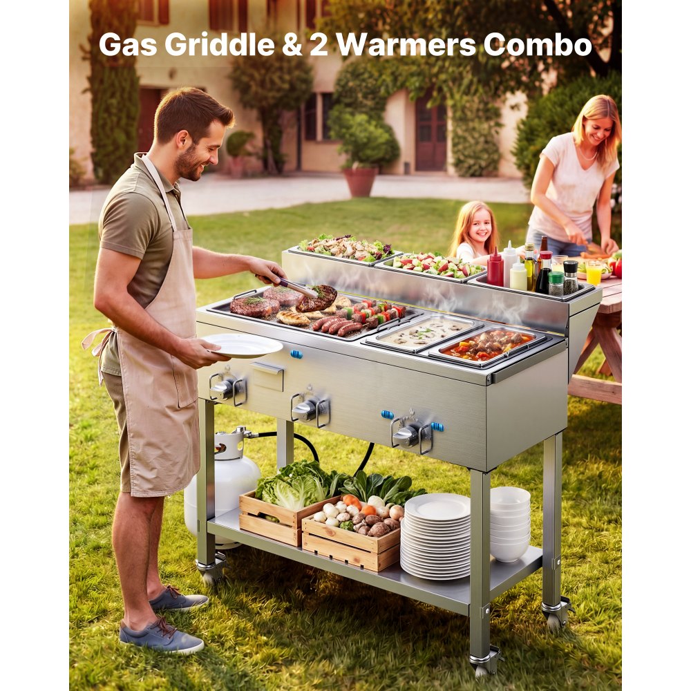 Vevor Propane Griddle Outdoor 3-Burner Stainless Steel Cart with Food Warming Pans New