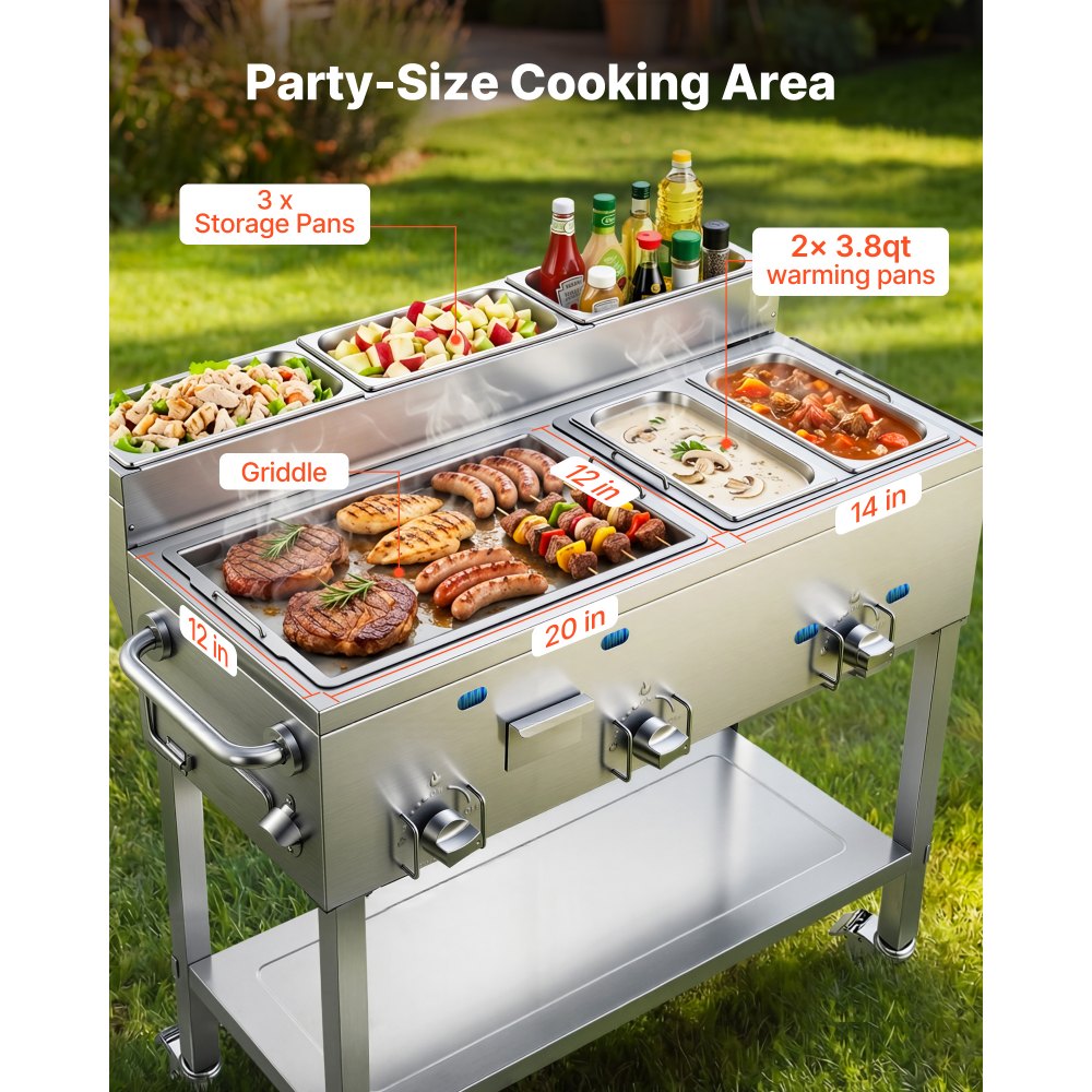 Vevor Propane Griddle Outdoor 3-Burner Stainless Steel Cart with Food Warming Pans New
