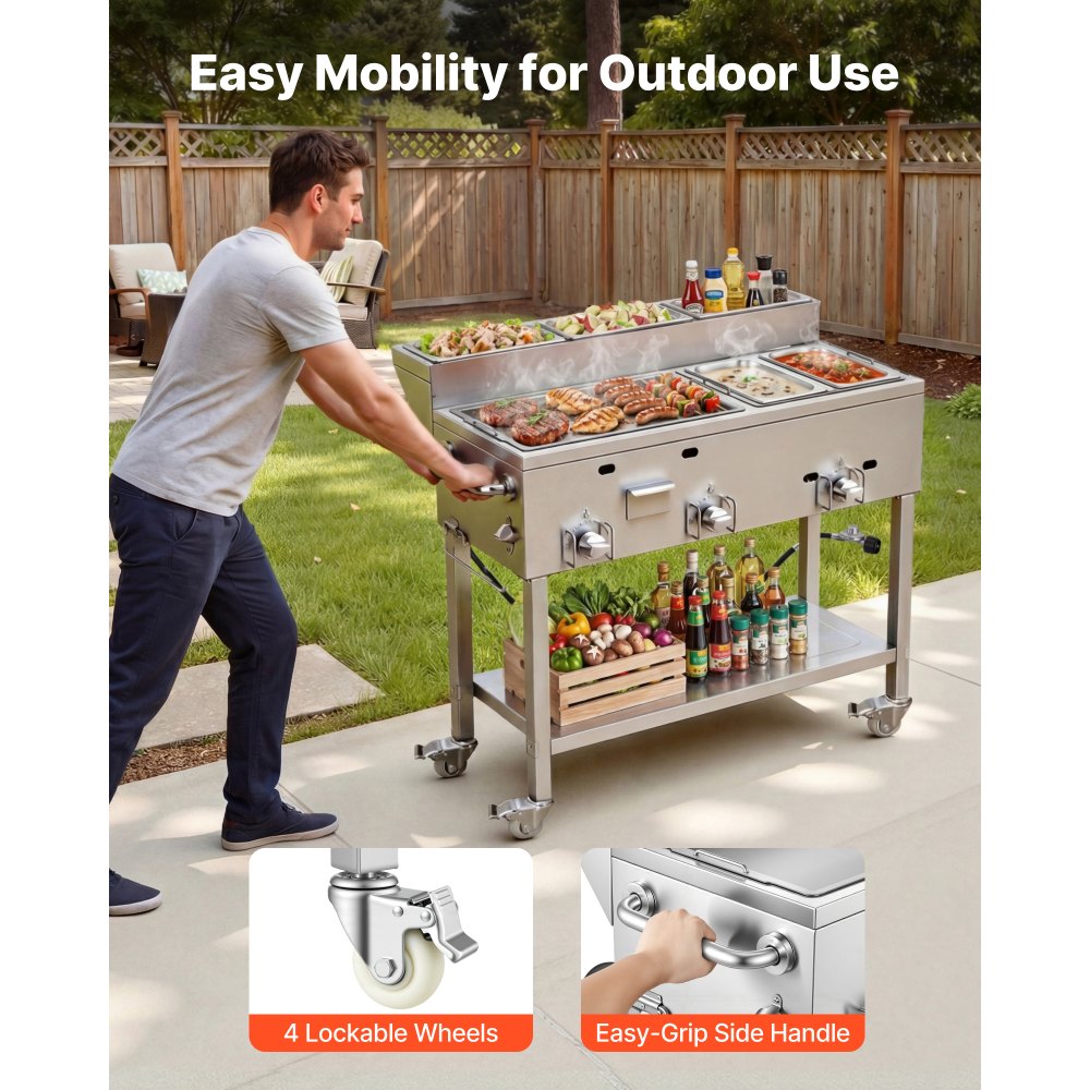 Vevor Propane Griddle Outdoor 3-Burner Stainless Steel Cart with Food Warming Pans New