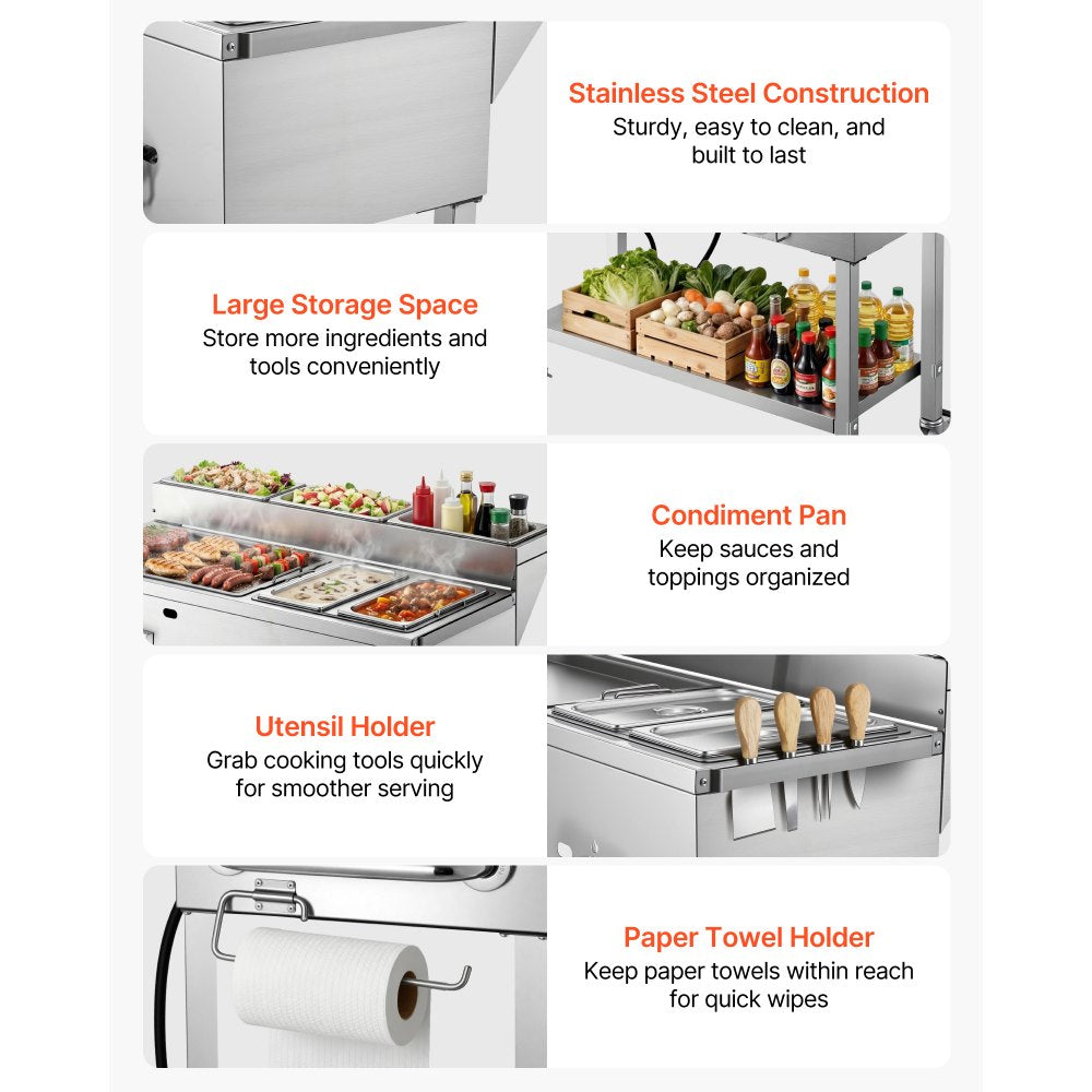 Vevor Propane Griddle Outdoor 3-Burner Stainless Steel Cart with Food Warming Pans New