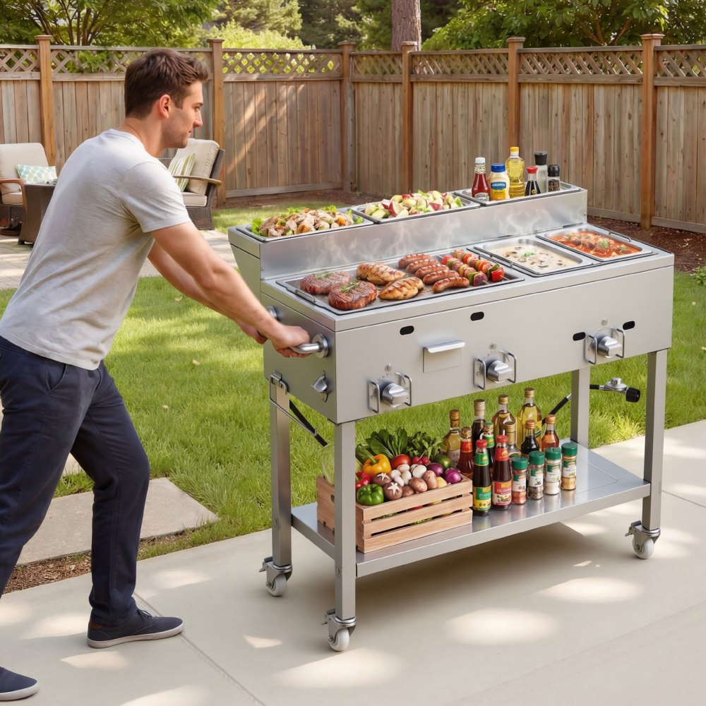 Vevor Propane Griddle Outdoor 3-Burner Stainless Steel Cart with Food Warming Pans New