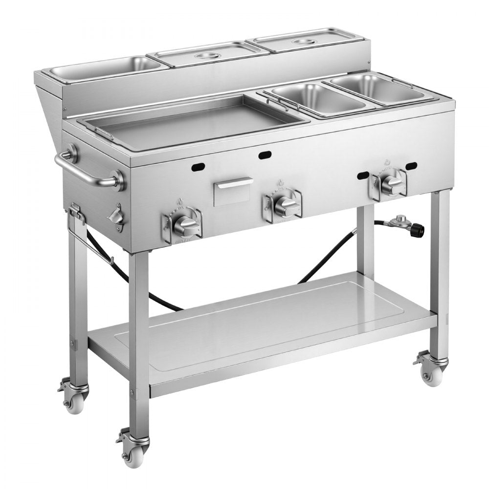 Vevor Propane Griddle Outdoor 3-Burner Stainless Steel Cart with Food Warming Pans New