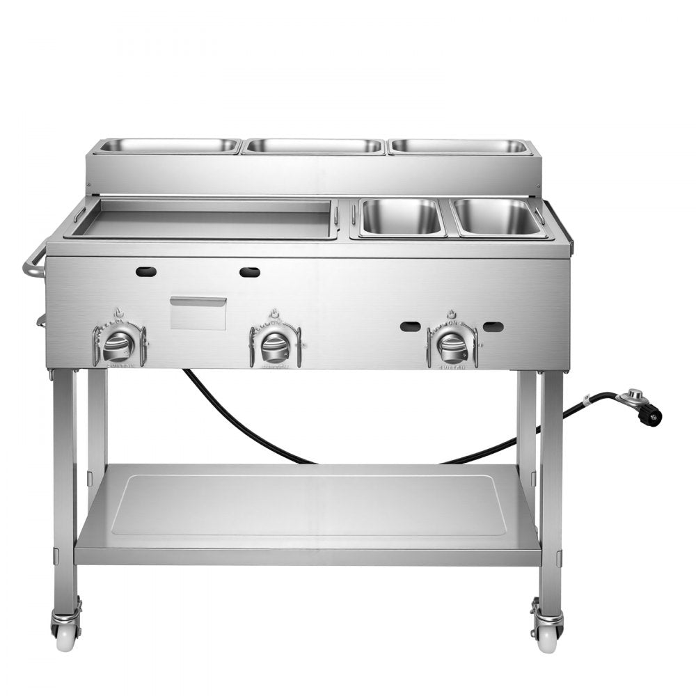 Vevor Propane Griddle Outdoor 3-Burner Stainless Steel Cart with Food Warming Pans New