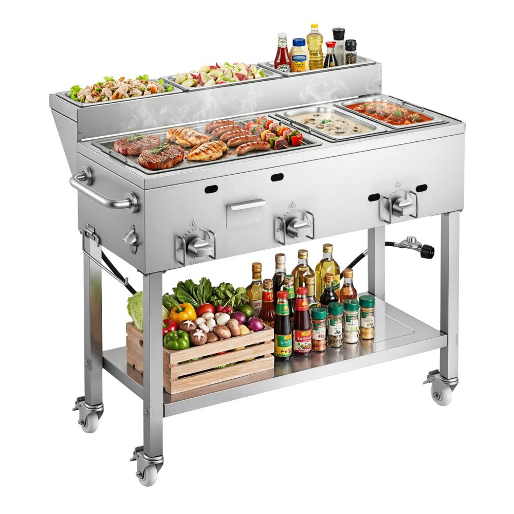 Vevor Propane Griddle Outdoor 3-Burner Stainless Steel Cart with Food Warming Pans New