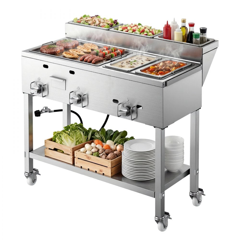 Vevor Propane Griddle Outdoor 3-Burner Stainless Steel Cart with Food Warming Pans New